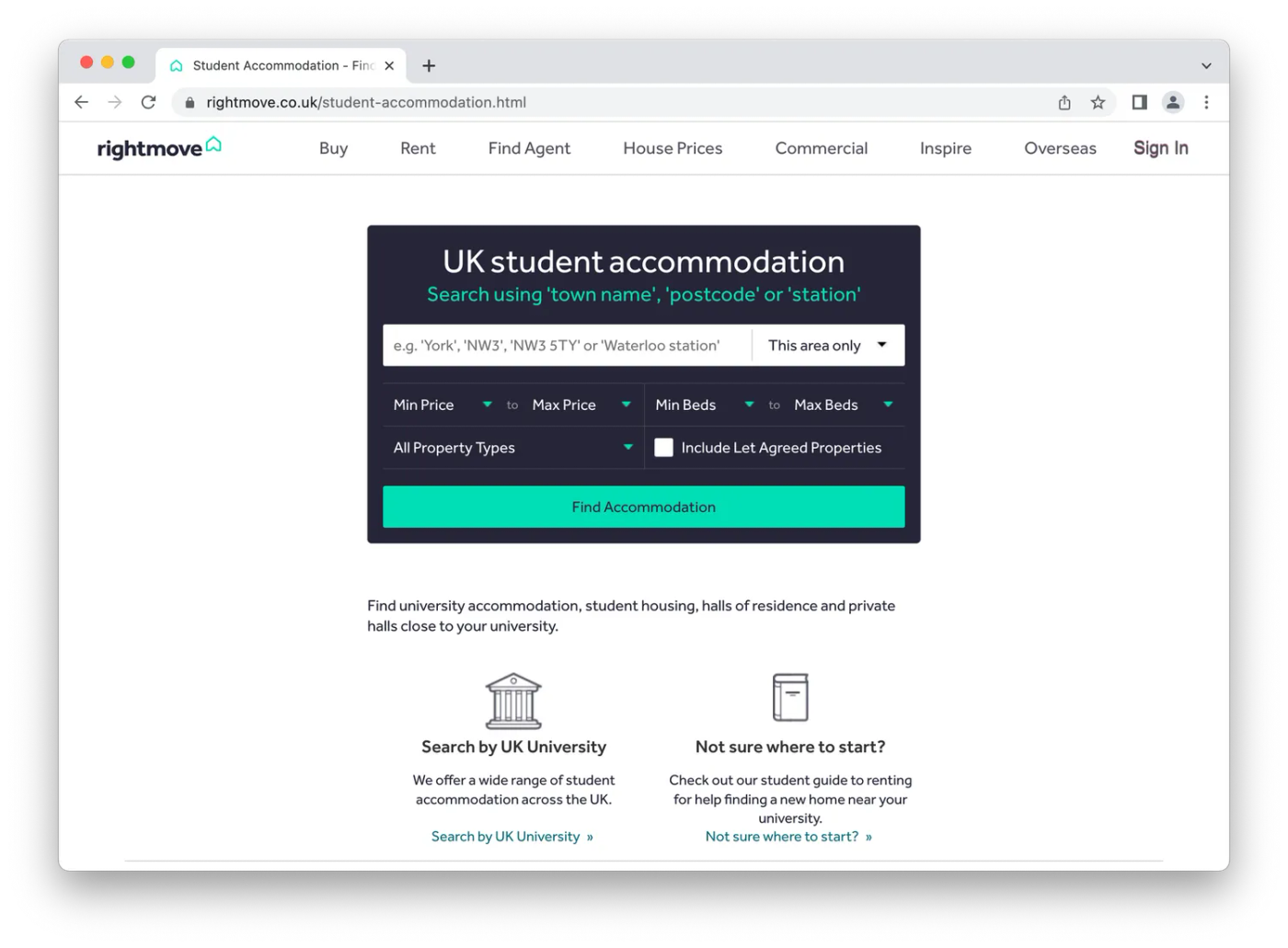 Rightmove UK student accommodation landing page, search bar on white background
