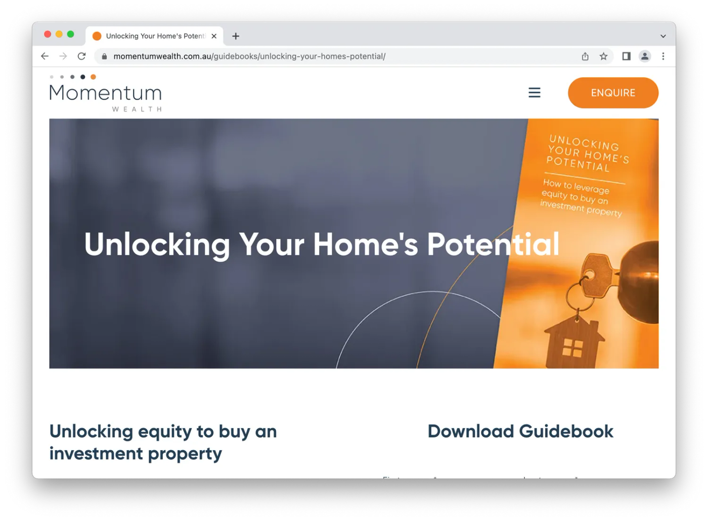 Momentum wealth homepage, text on grey and orange background