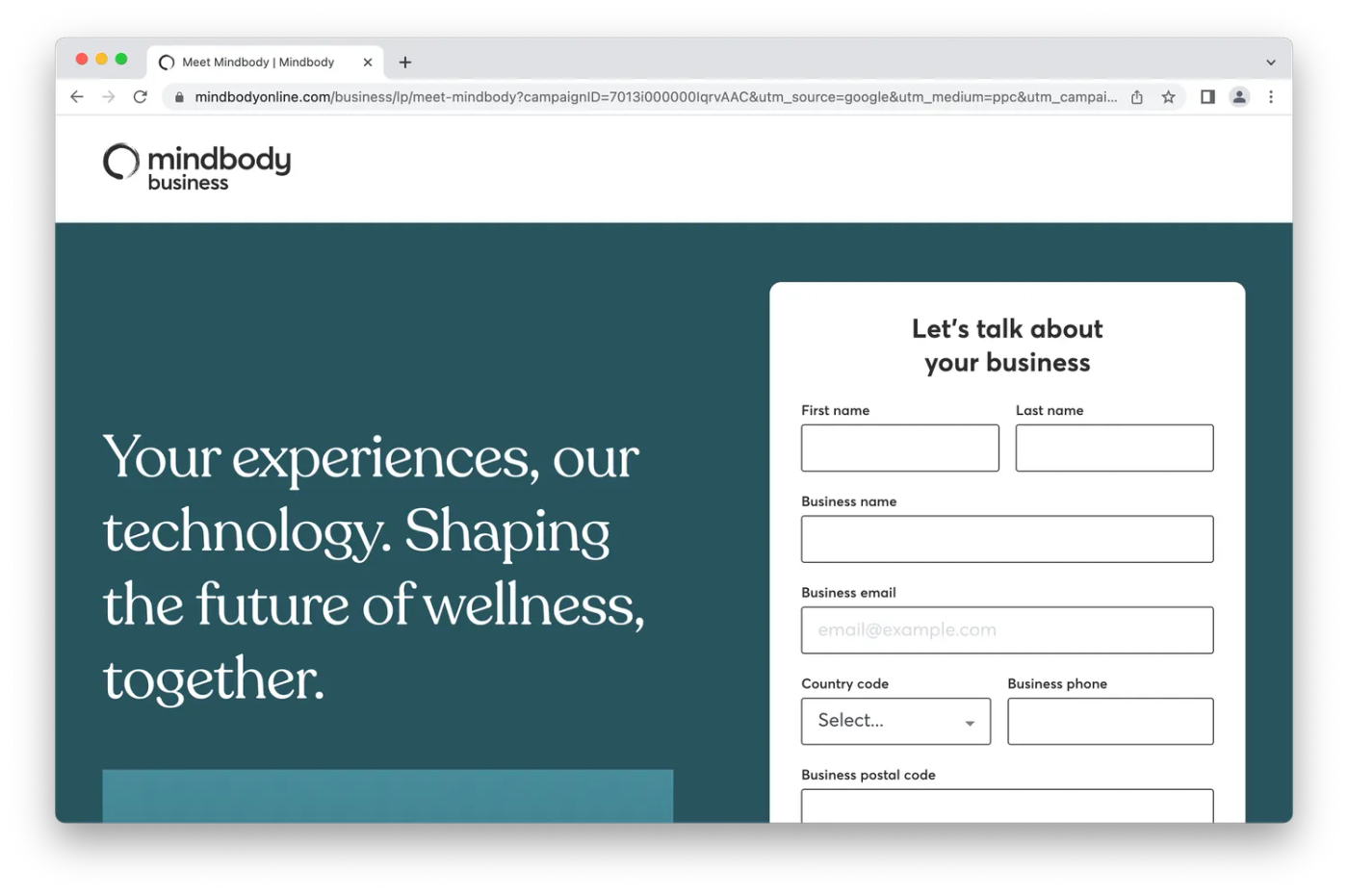 Mindbody Homepage, info field on teal background