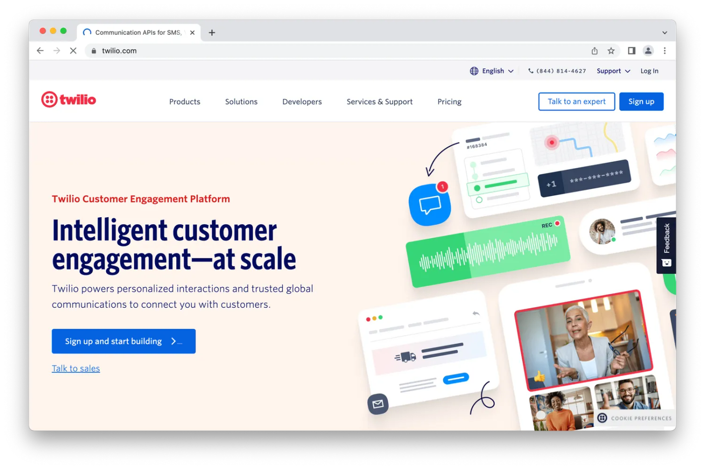 Twilio homepage, icons and screengrabs on peach background