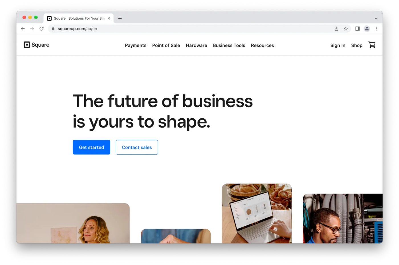 Square homepage, people working on white background