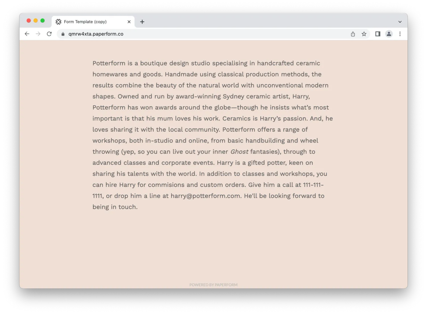 Sample website made with Paperform, block of text on peach background