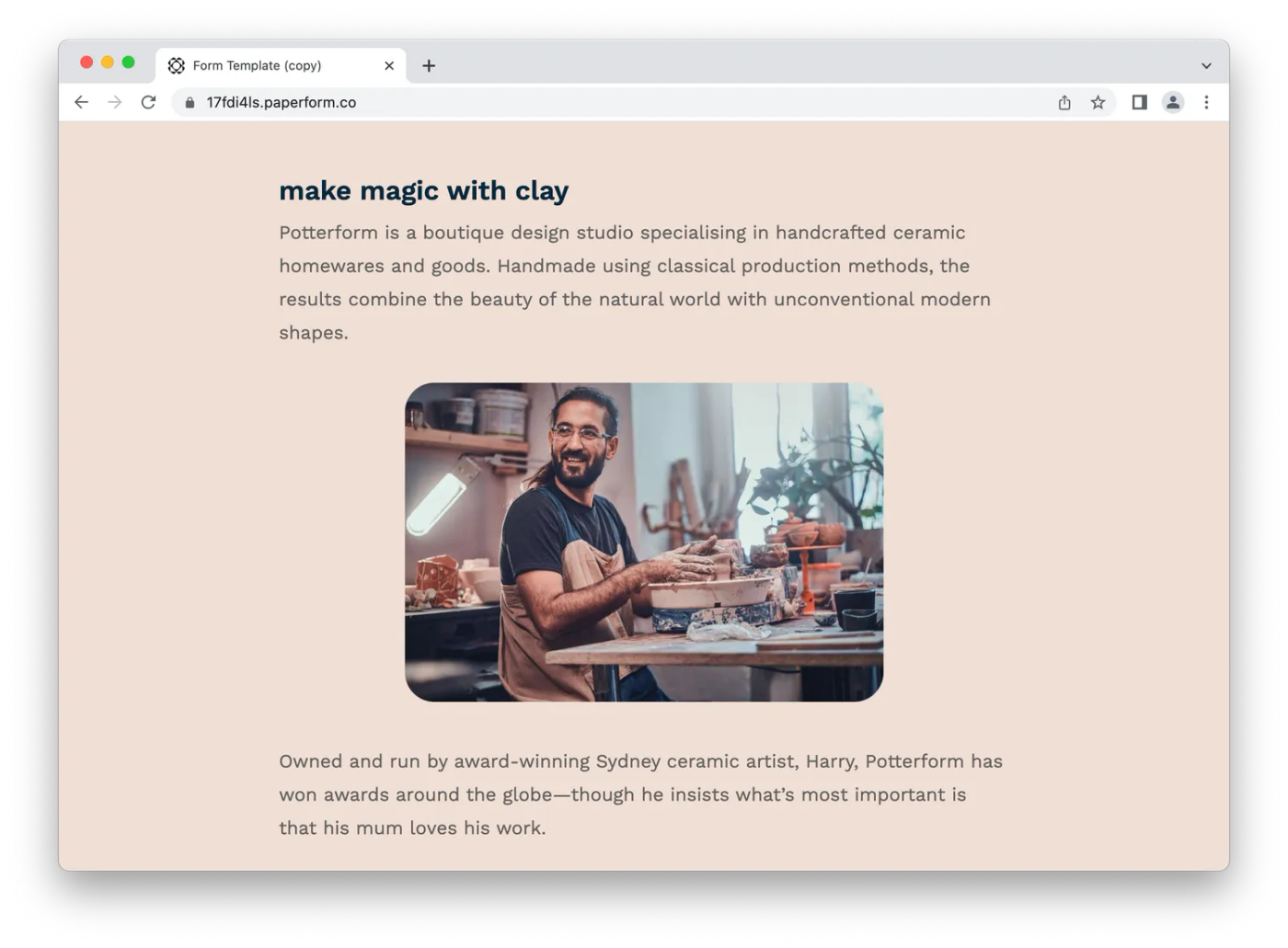 Sample website made with Paperform, text neatly broken up with headings and images 