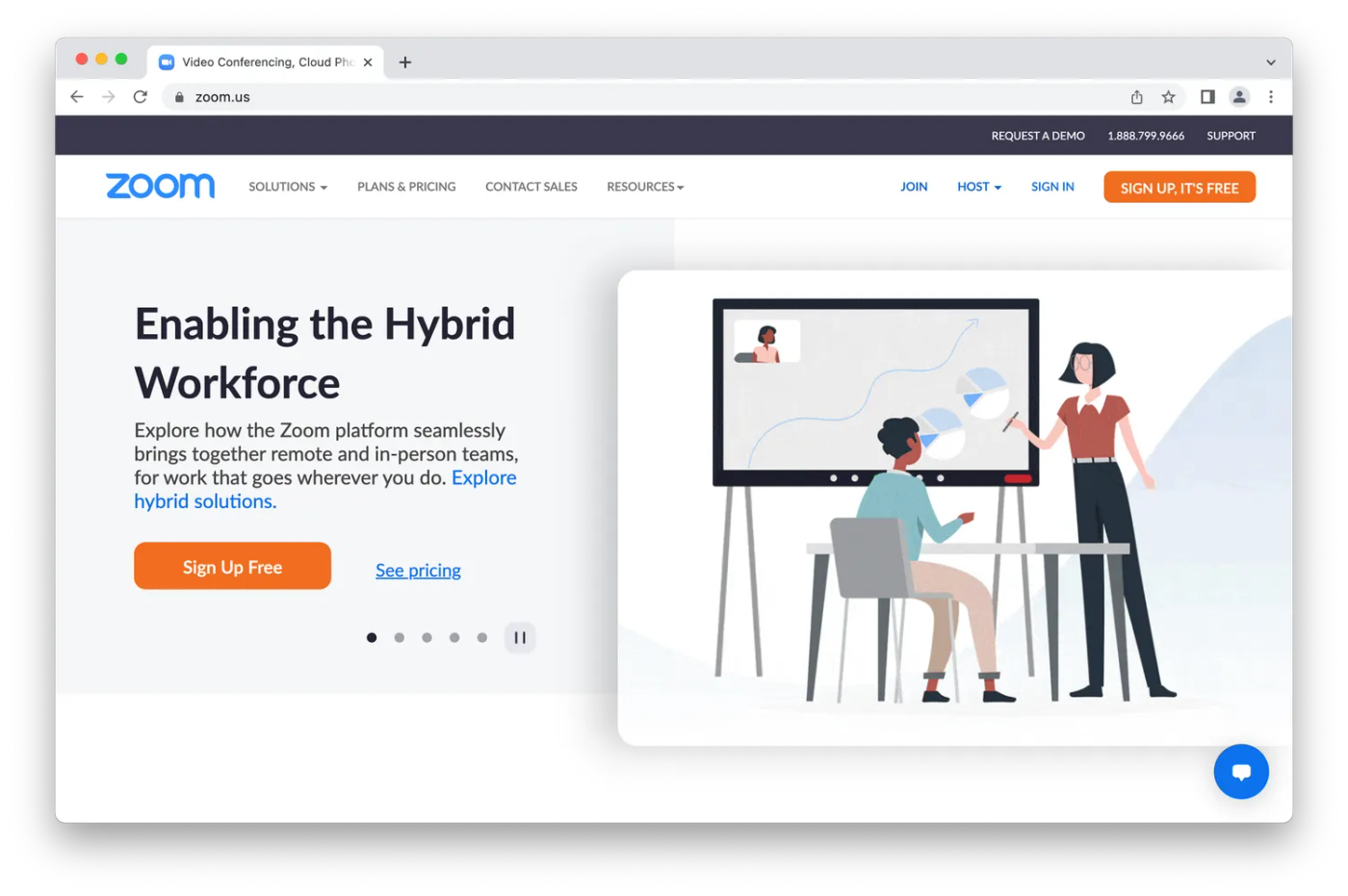 Zoom homepage, cartoon people giving presentation