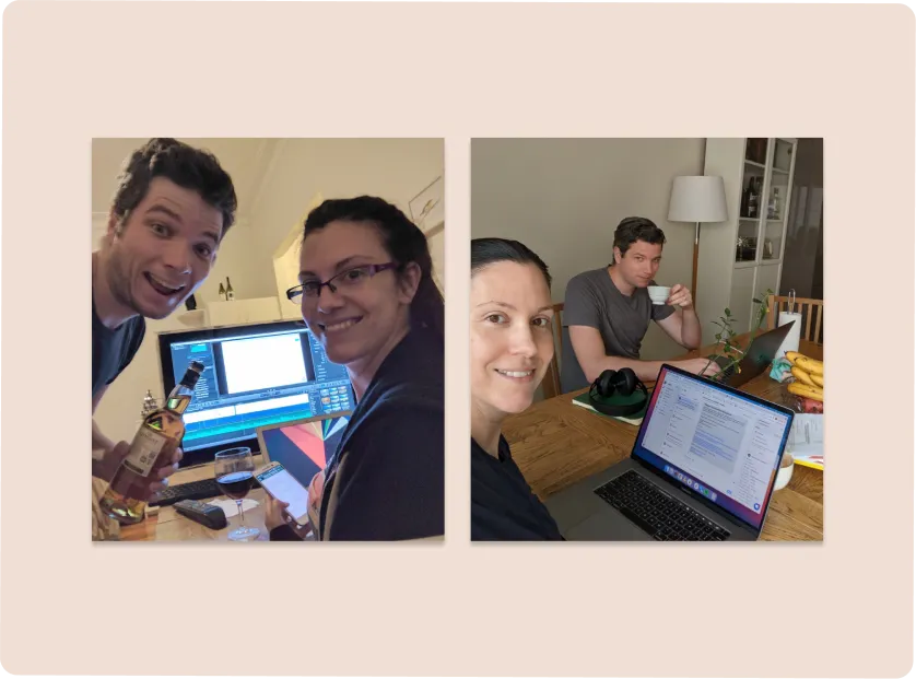 Two pictures of Dean and Diony sitting at their dining table five years apart