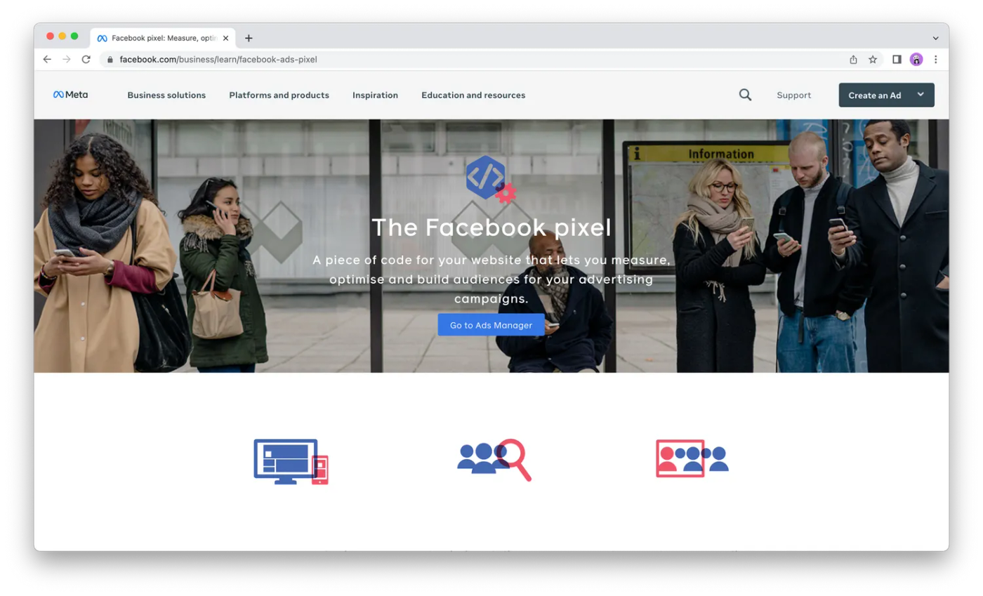 Facebook Pixel homepage, people on phones