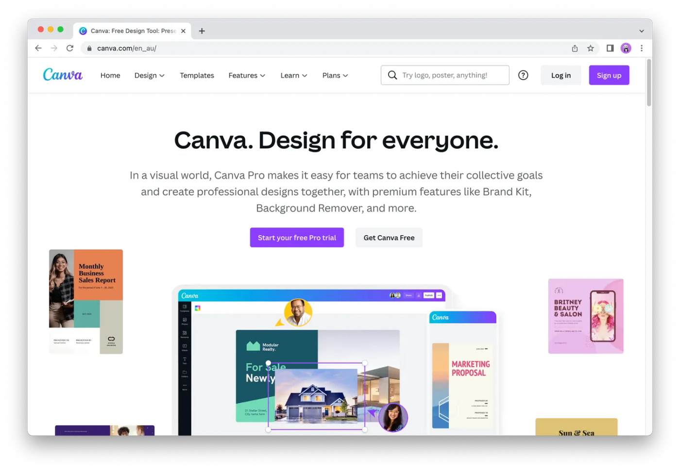 screenshot of canva homepage