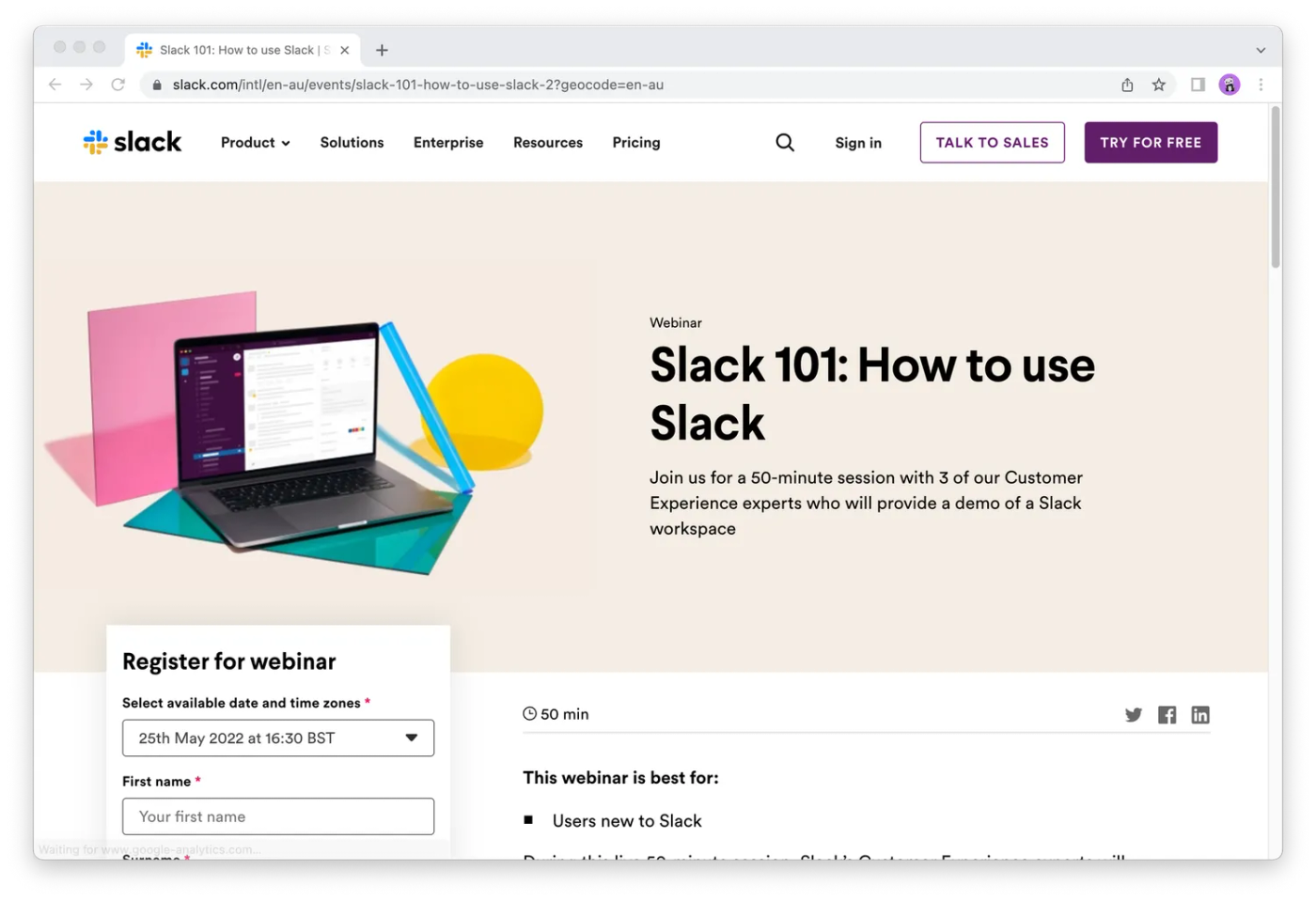 Screenshot of Slack 101: how to use slack event landing page 