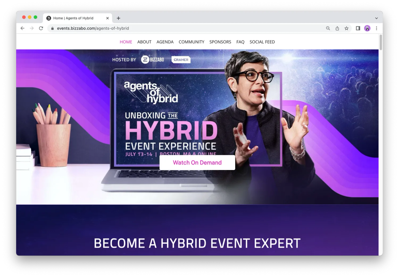 Agents of Hybrid event homepage screenshot, woman on a purple background 