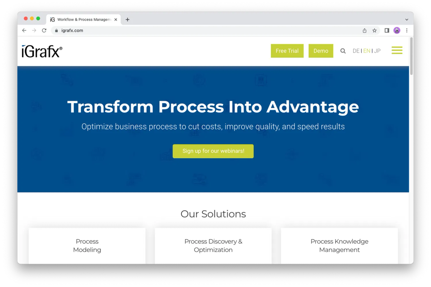 Screenshot of iGrafx homepage