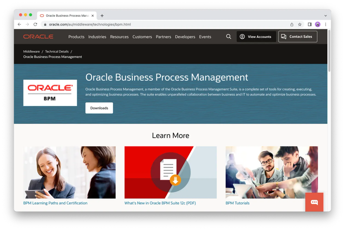 Screenshot of Oracle website