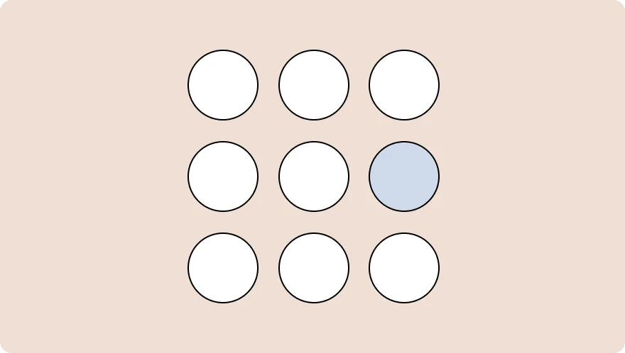 8 white circles and one blue circle