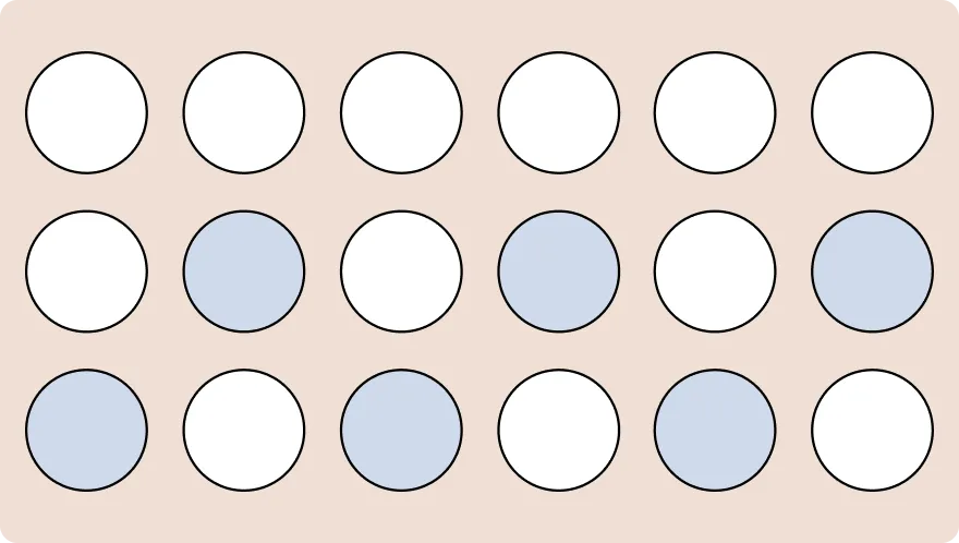 Circles arrayed in a grid with a coloured pattern among them.