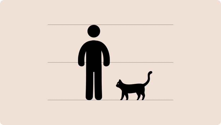 A cat in proportion with a male stick figure.