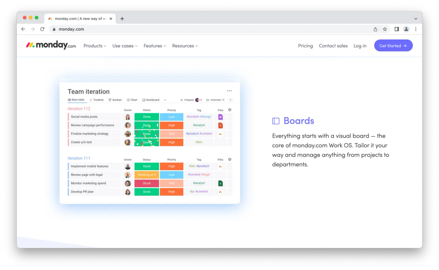 Screenshot of monday.com board from their homepage, tasks organized into columns