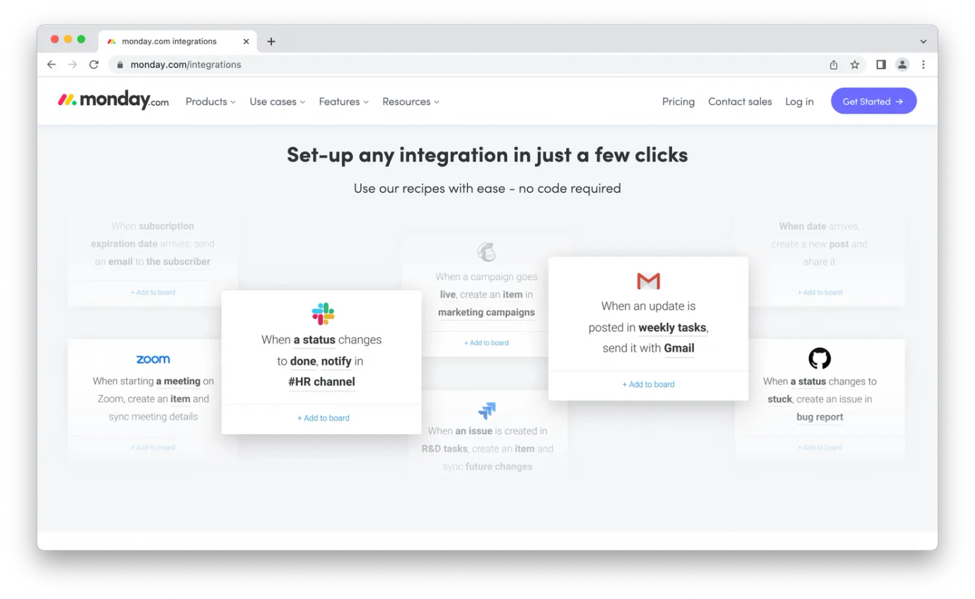 Sample integration recipes from monday.com, white notes on grey background