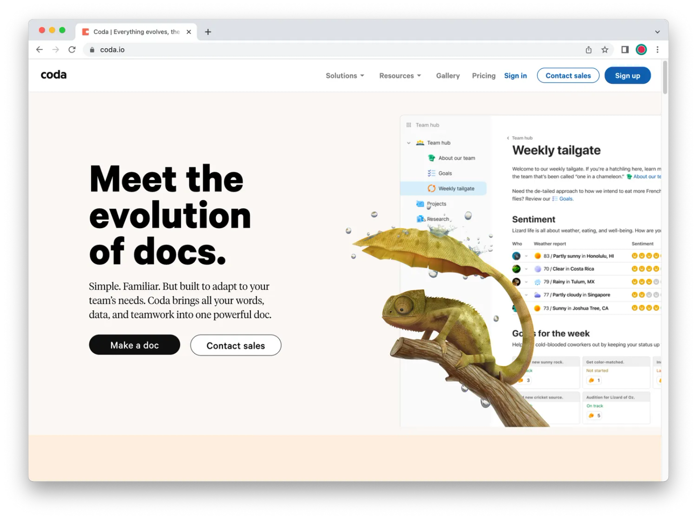 Screenshot of Coda's homepage. 