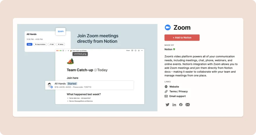 screenshot of Zoom integration page 