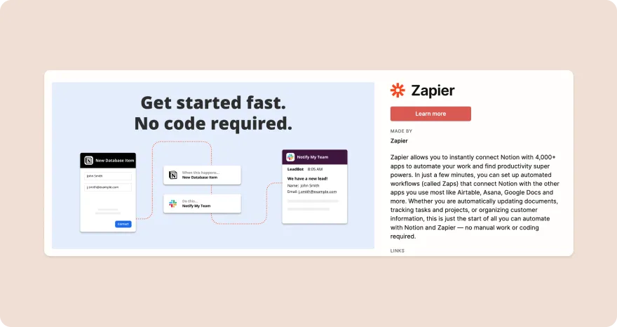 screenshot of Zapier integration page 