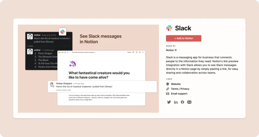screenshot of Slack integration page 