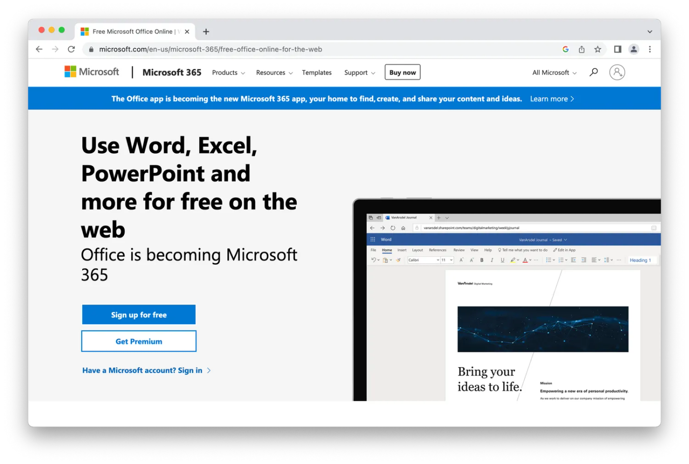 Screenshot of Microsoft Excel Online homepage
