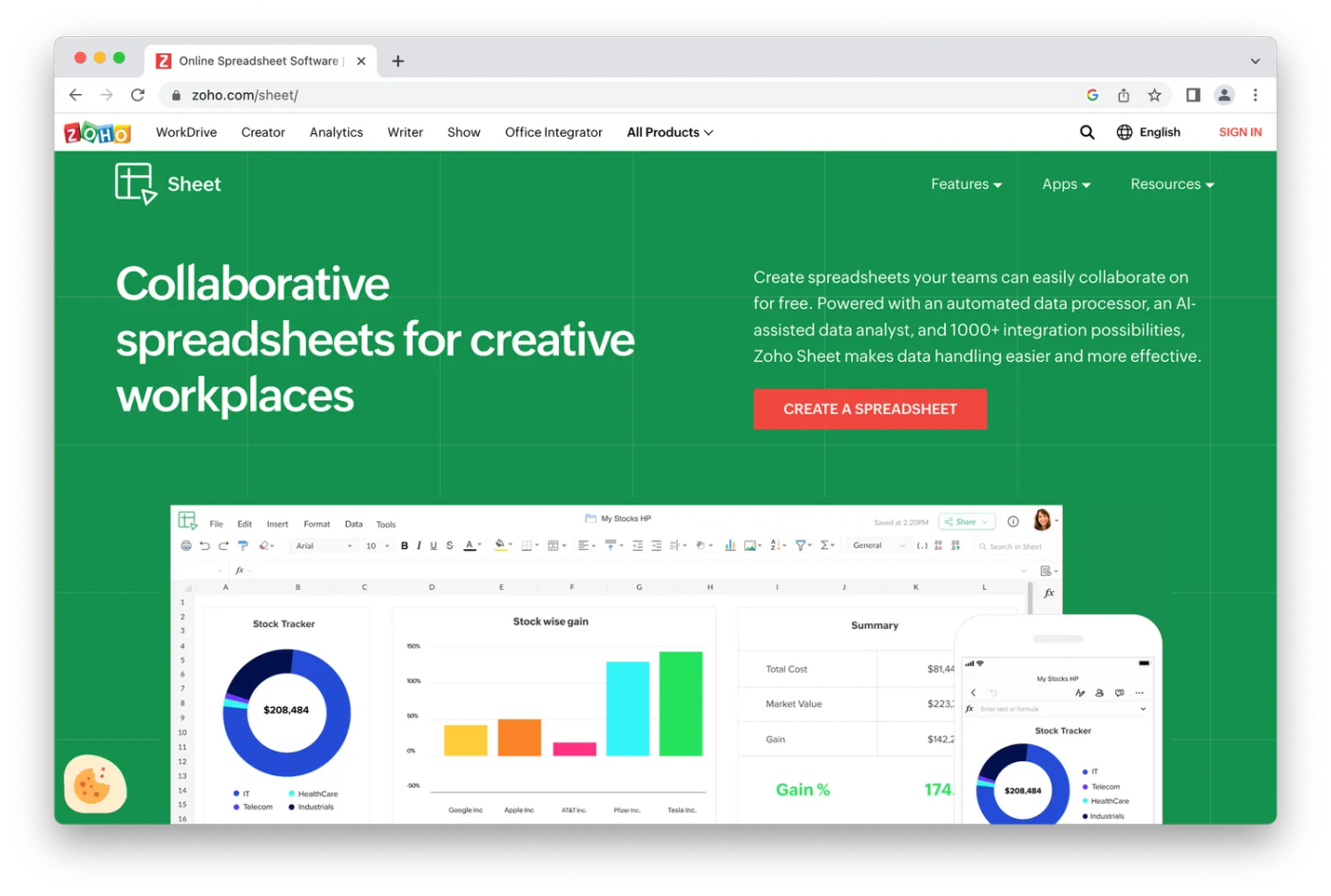 Zoho sheets homepage