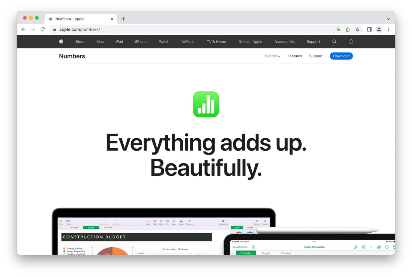 Apple Numbers homepage