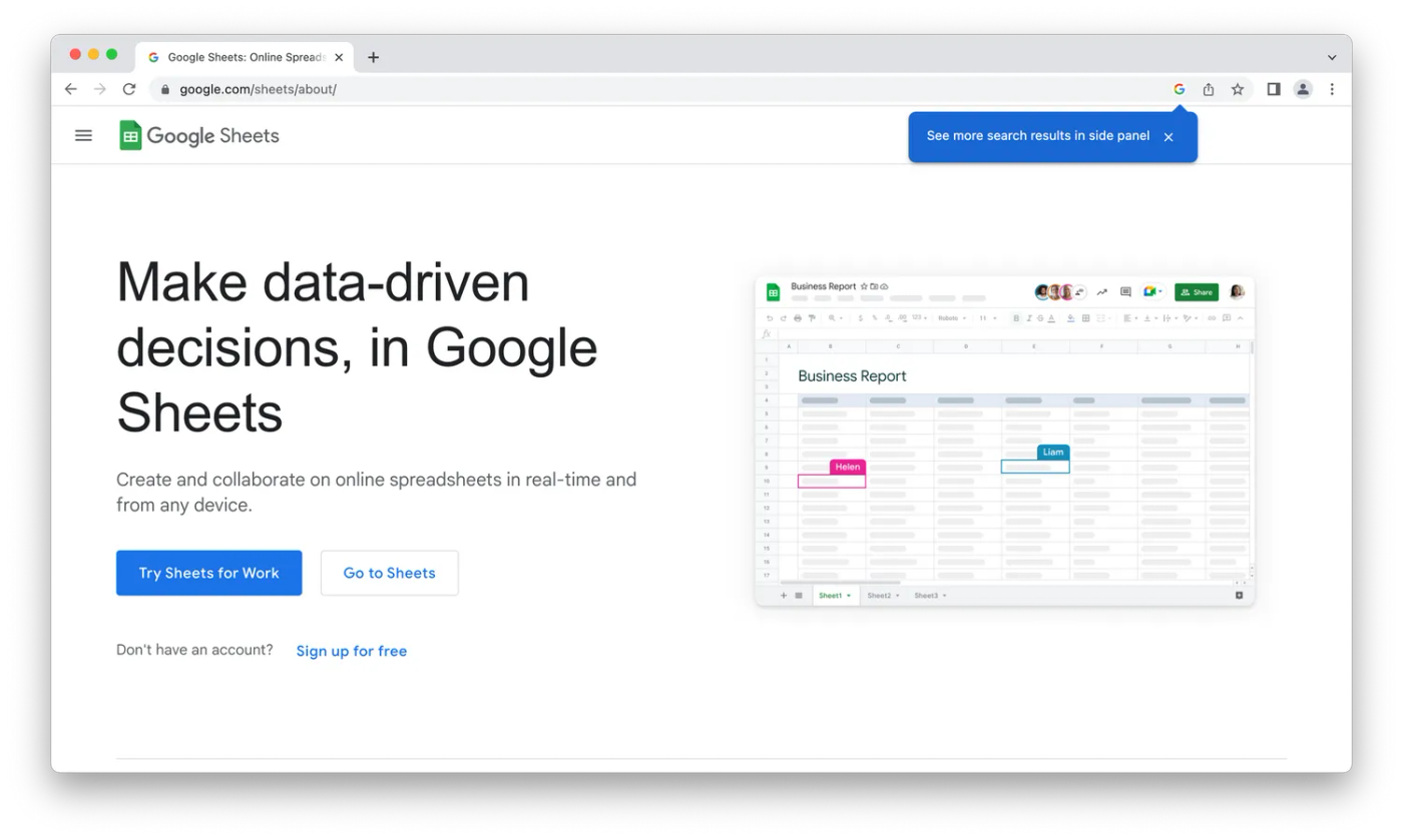 Homepage for Google Sheets