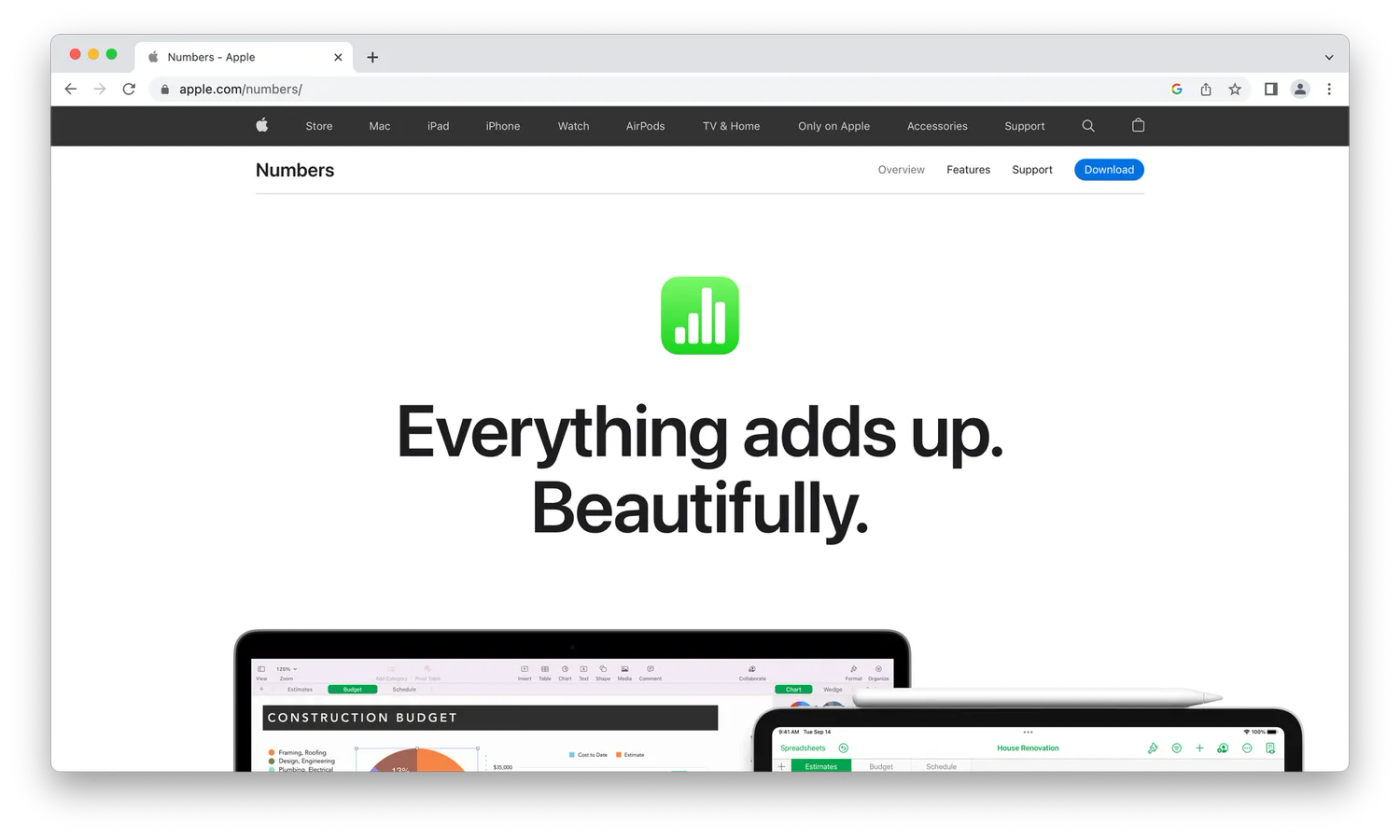 Apple Numbers homepage