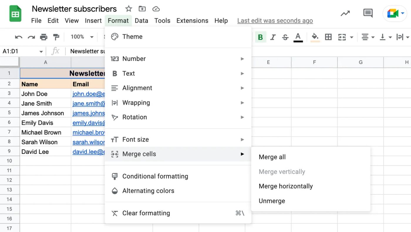 Screenshot of merging cells in google sheets format menu