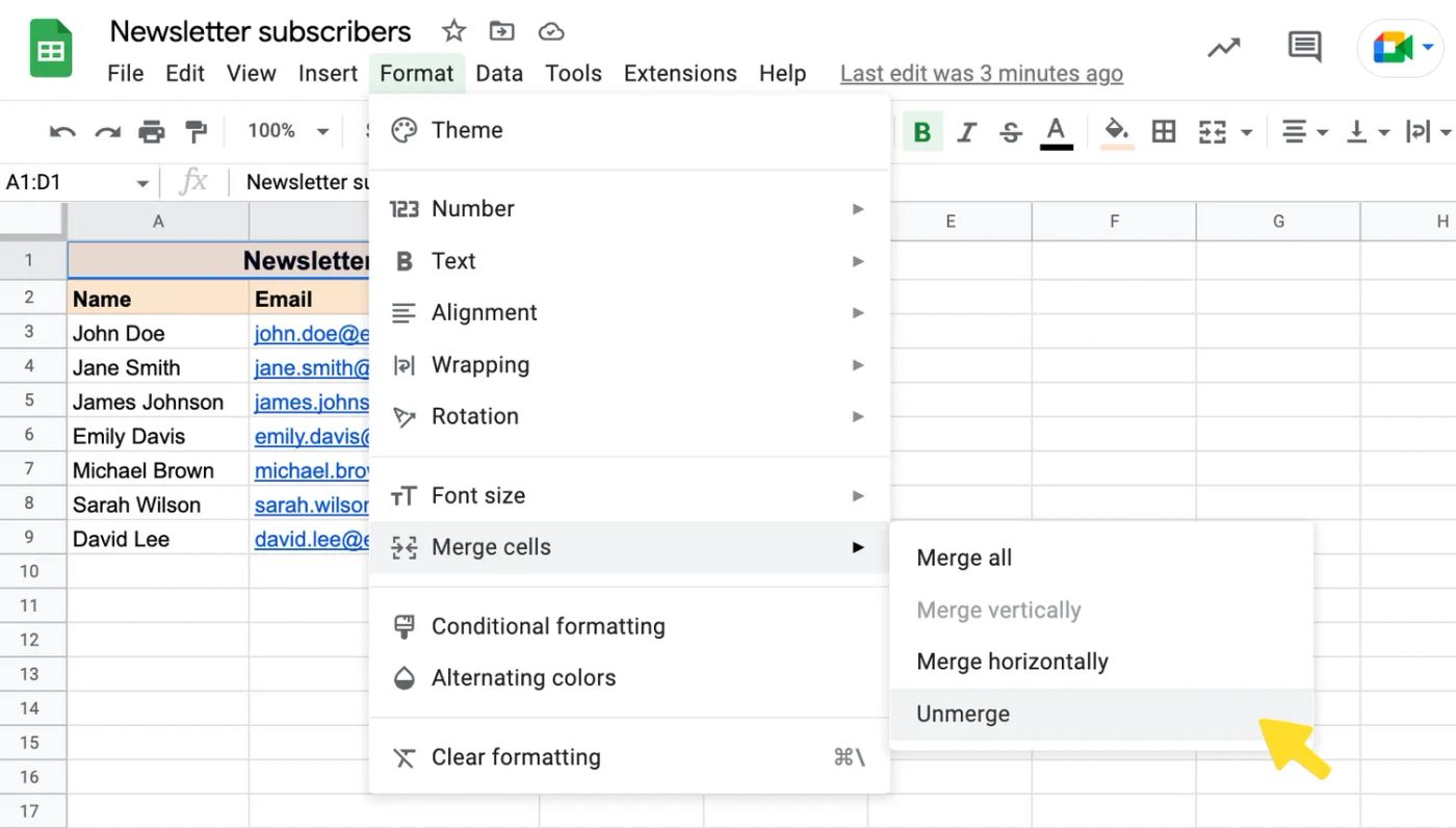 Unmerging in Google Sheets menu