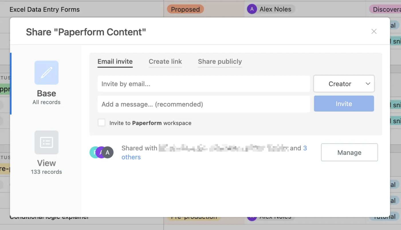Airtable sharing screen displaying a table of tasks with different columns and filters.