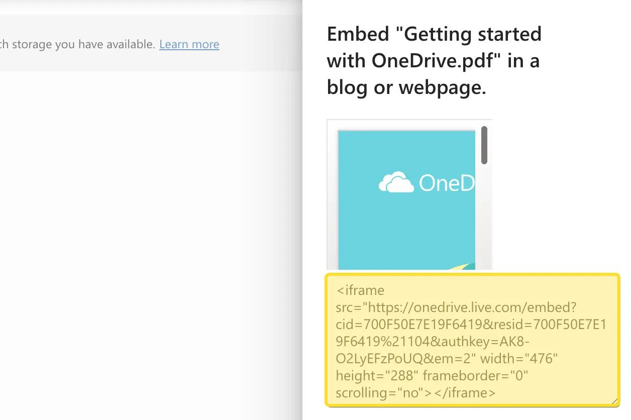 screenshot of the embed code menu from Microsoft OneDrive