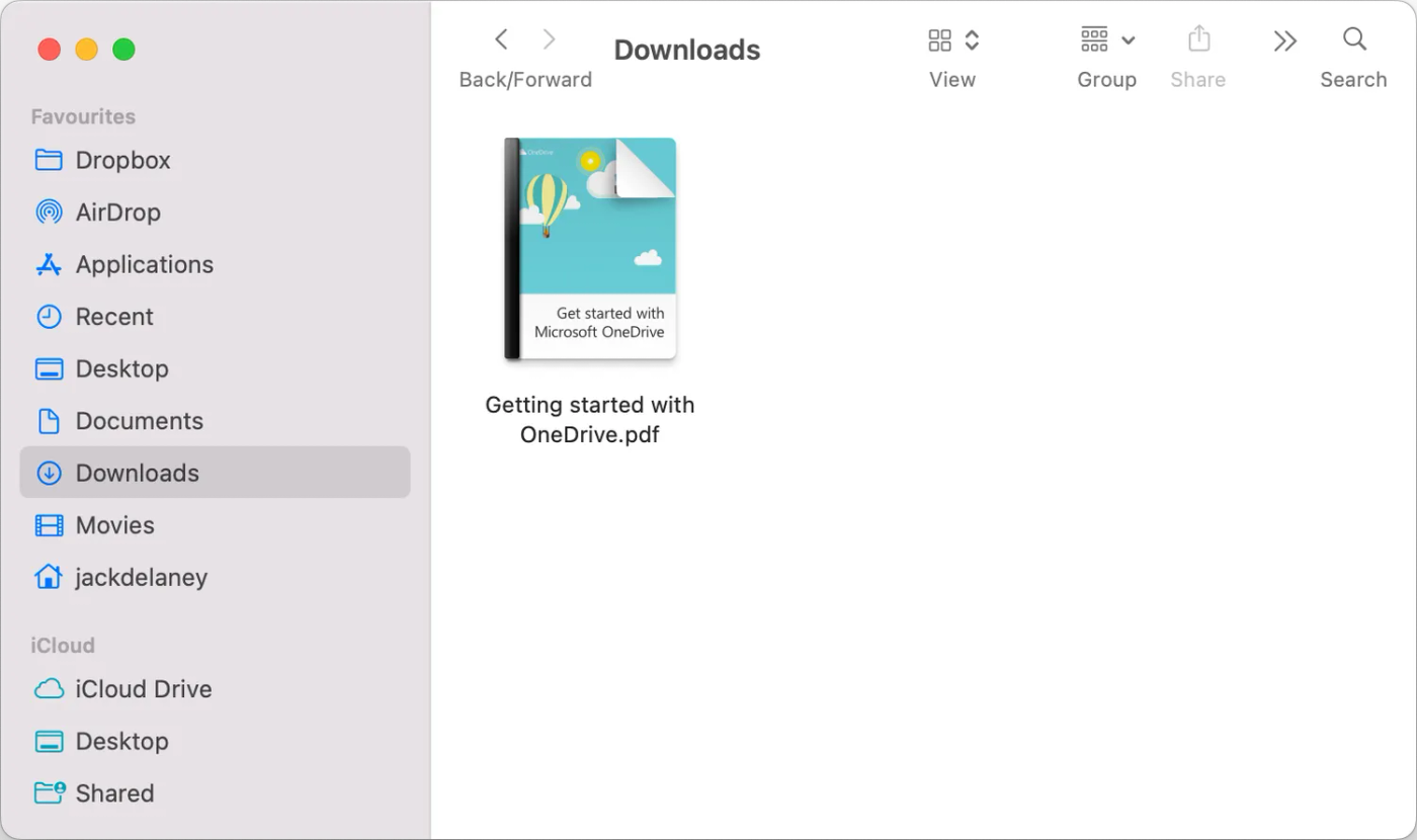 screenshot of downloads folder with "getting started with onedrive" pdf downloaded