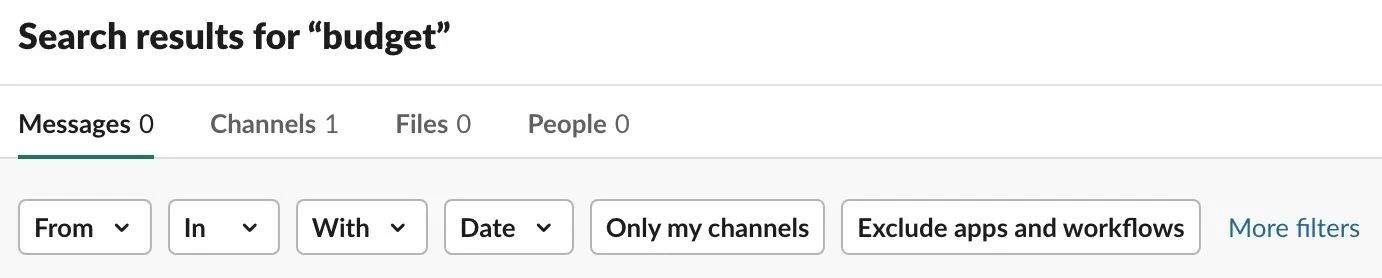 Slack search with the filter "budget" 