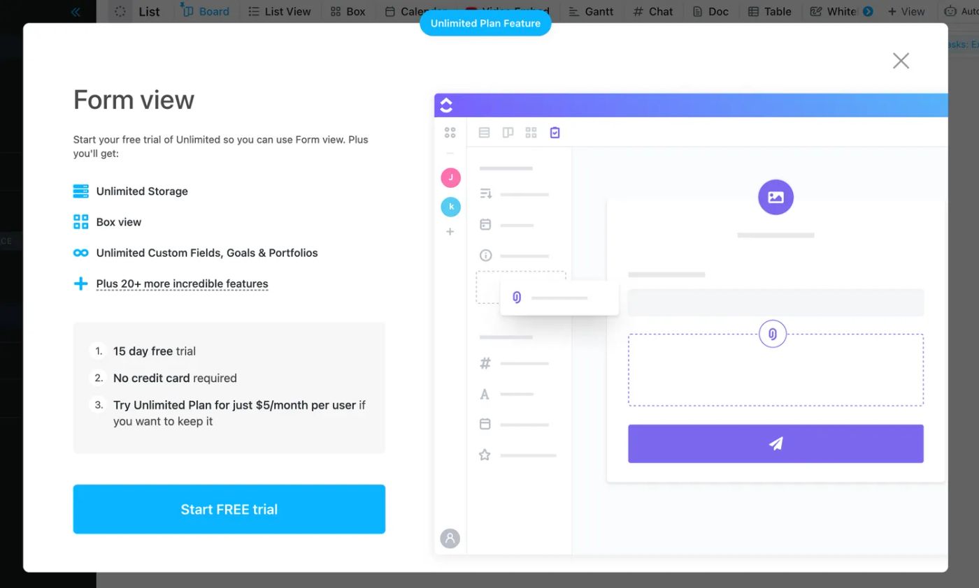 Screenshot of ClickUp's Form View with a call-to-action to start a free trial. The Form View is a customizable form that can be used to gather and organize information from team members, clients, or customers.
