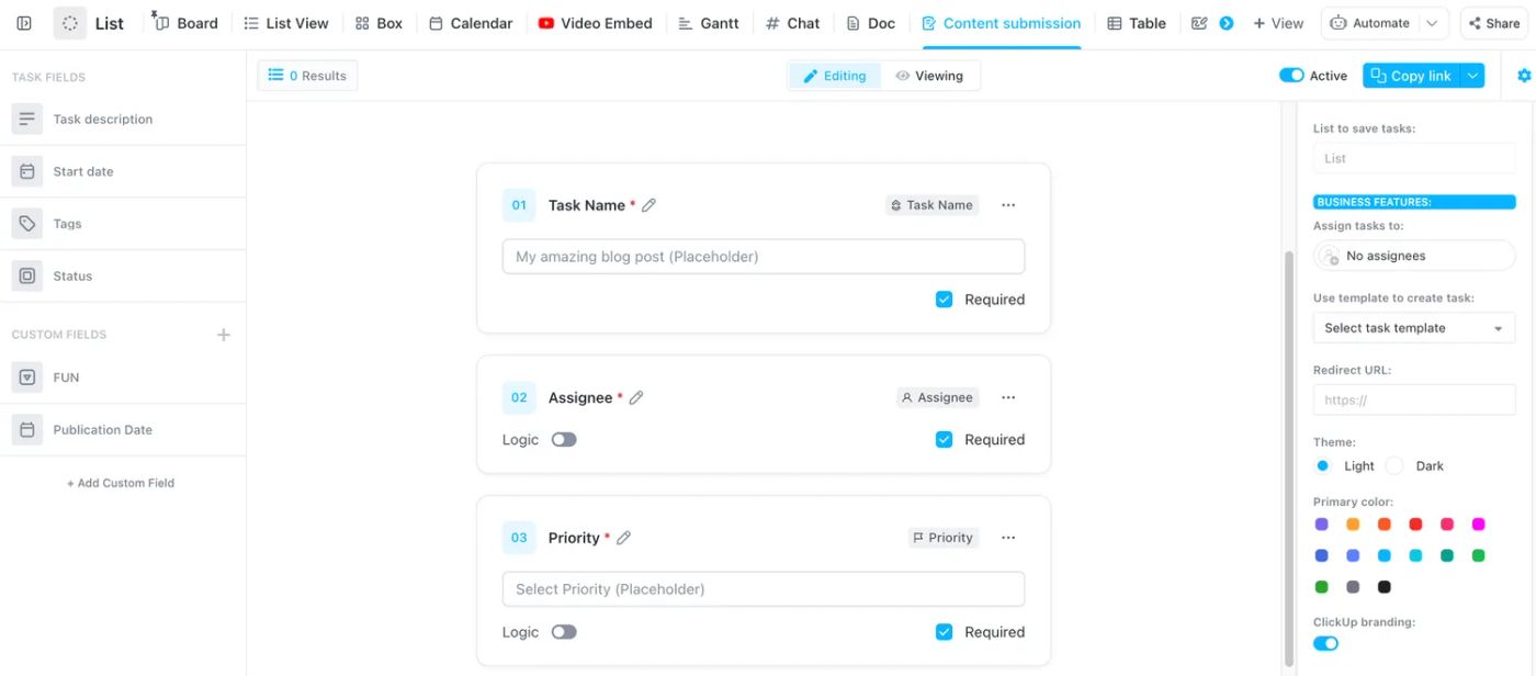 Screenshot of the ClickUp form editor, displaying various form fields such as text, number, dropdown, checkboxes, and more. The form editor allows users to customize their form and add fields to gather specific information from form submissions.