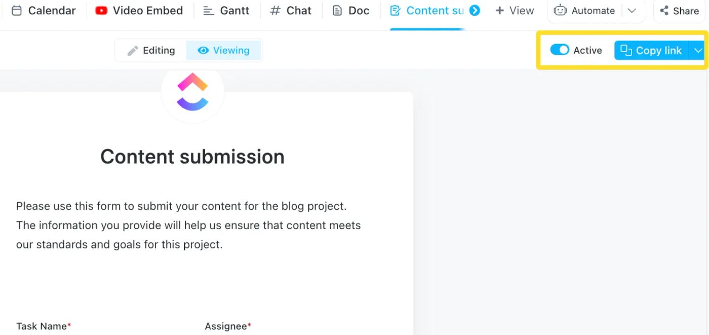 Screenshot of ClickUp's Share Form dialogue box, with a highlighted copy link button. The Share Form feature allows users to share the form with others by copying the link and sharing it via email, chat, or any other means of communication.