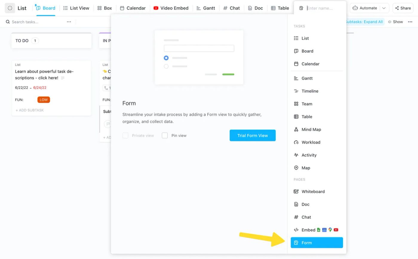 Screenshot of the ClickUp view menu, displaying various view options including list view, board view, calendar view, Gantt view, and more.