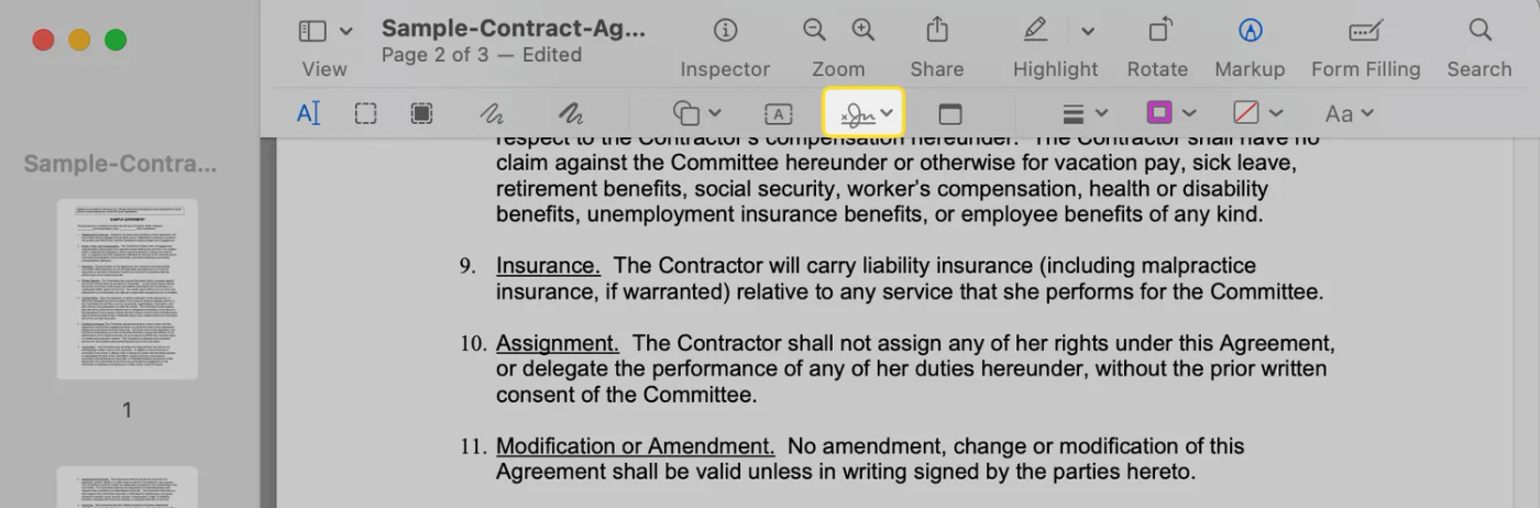 screenshot of a pdf in "Preview" with the signature icon highlighted