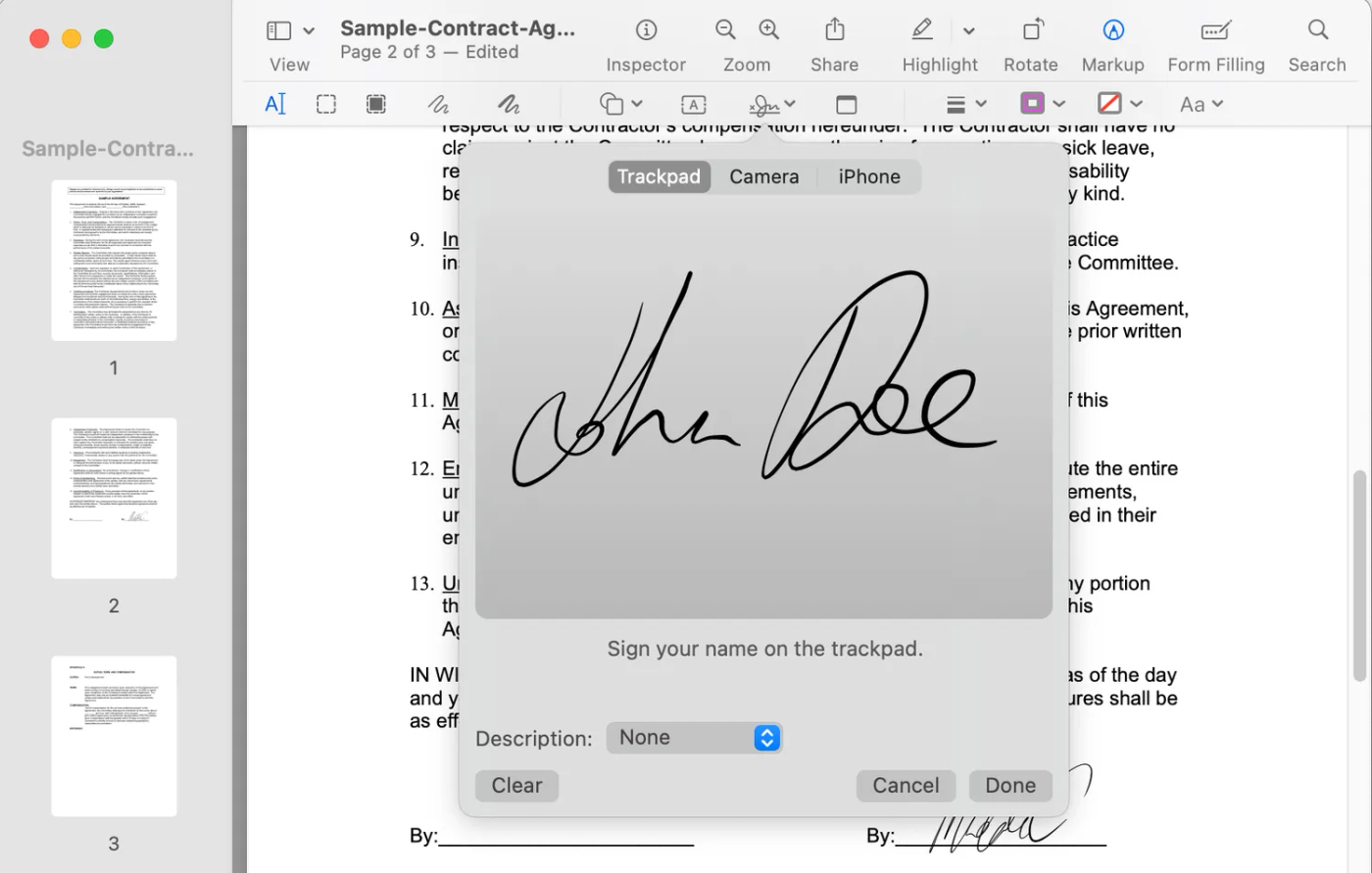 screenshot of a pdf in "Preview" with a signature being created