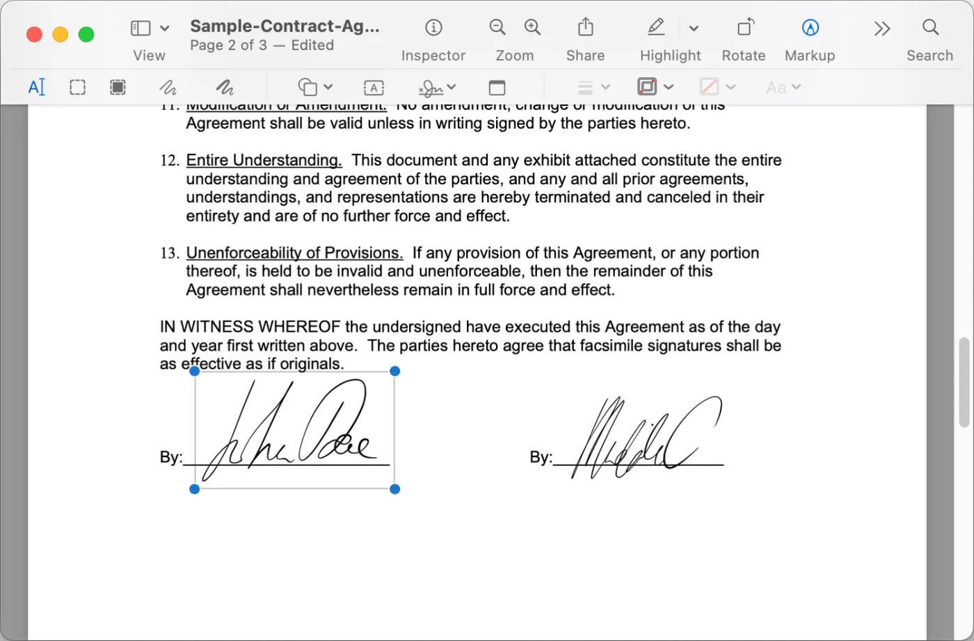 screenshot of a pdf in "Preview" with final signature added