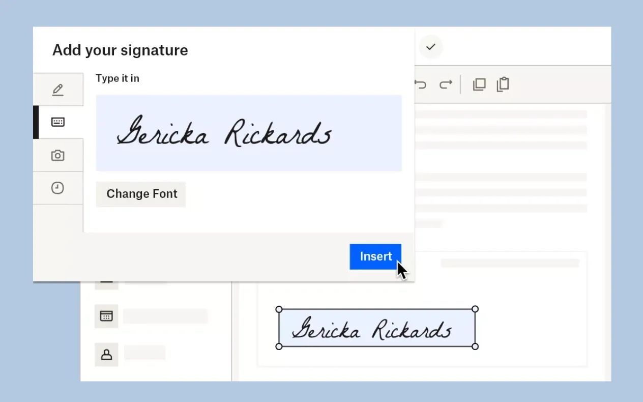 screenshot of dropbox sign adding a signature