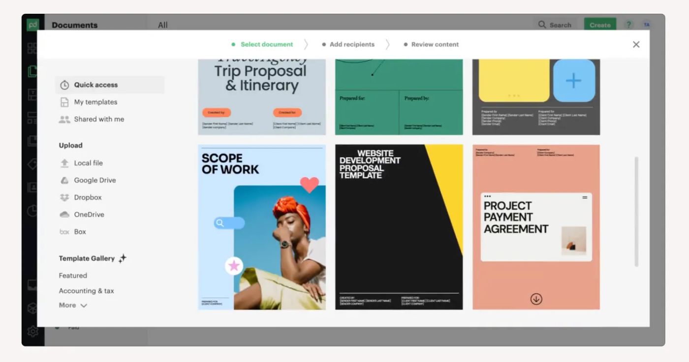 screenshot of pandadoc document templates