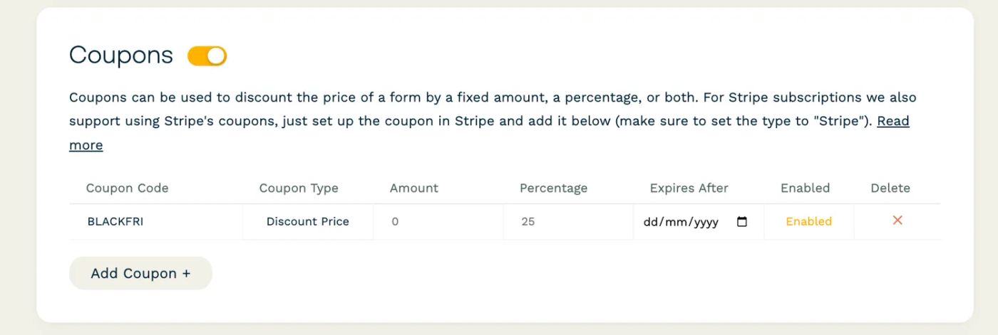 Screenshot of paperform coupon settings