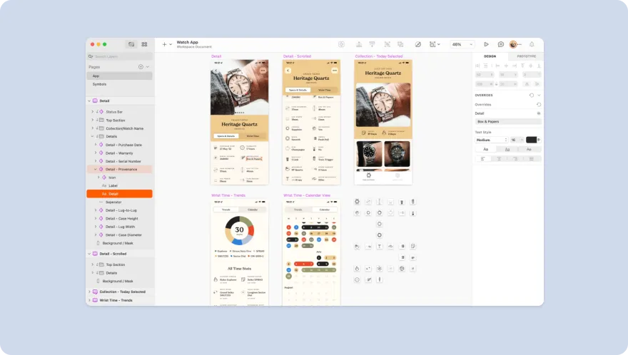 sketch interface with mobile ui on blue background