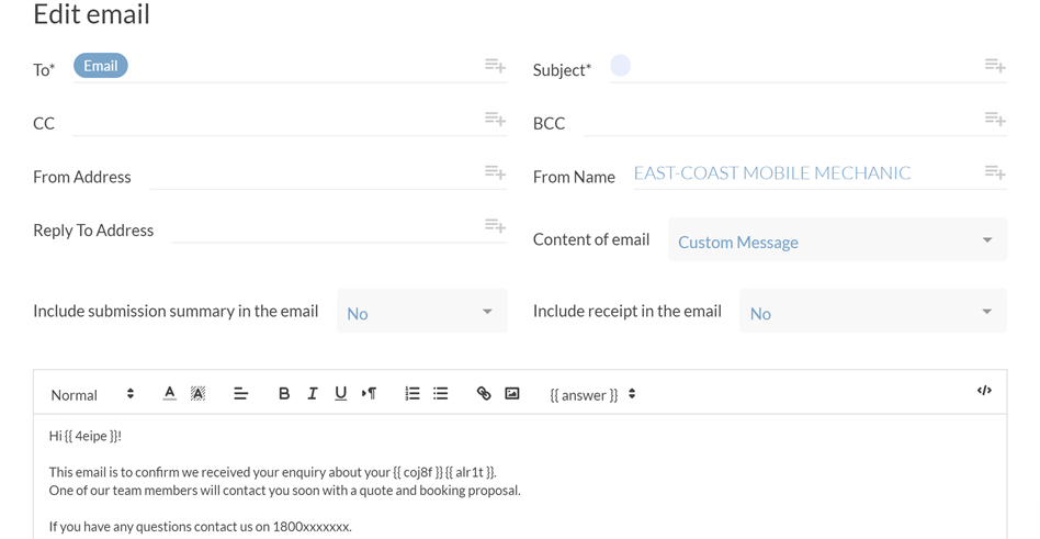 Setting up answer piping on your mobile mechanic order form