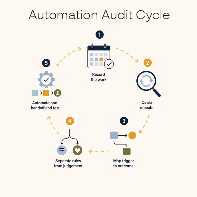 Automation Audit Cycle: a 5-step loop of Record the work, Circle repeats, Map trigger to outcome, Separate rules from judgement, Automate one handoff and test
