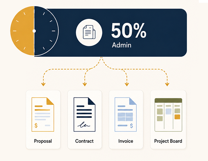 50% utilisation gauge branching into the four places one piece of client info gets re-entered: Proposal, Contract, Invoice, Project Board