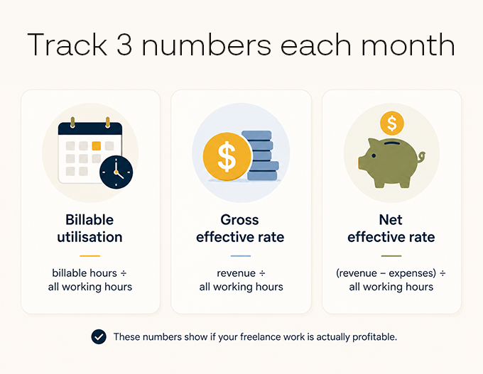 Track 3 numbers each month: Billable utilisation, Gross effective rate, Net effective rate, side by side